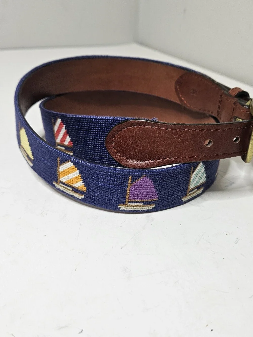 Smathers & Branson Needlepoint Belt Sailboats Navy Blue Multicolored Men's 38